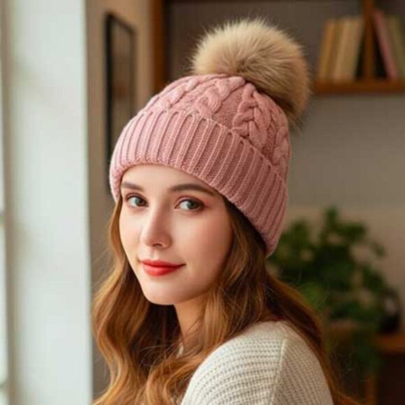2/$30 Ladies Pink Fuzzy Ladies Winter Cap Beanie Hat - Picture 4 of 7